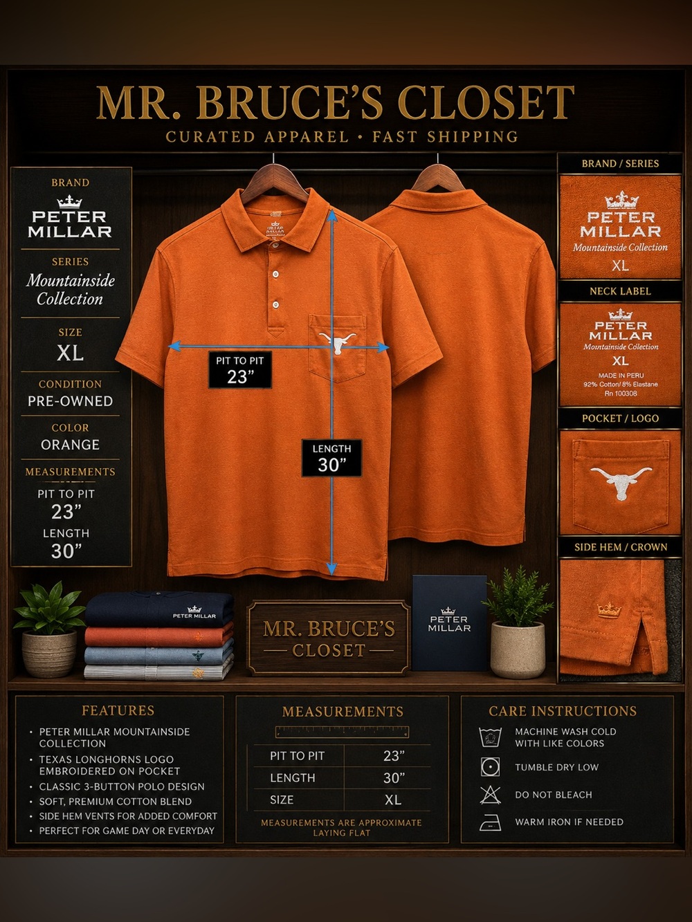 Peter Millar Mountainside Texas Longhorns Polo Shirt Men’s XL Orange Pocket